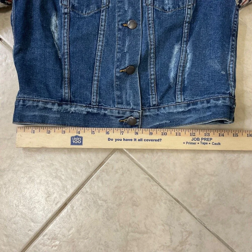 Free People Denim Jacket womens sz. XS Nordic wool Sweater Sleeves Distressed